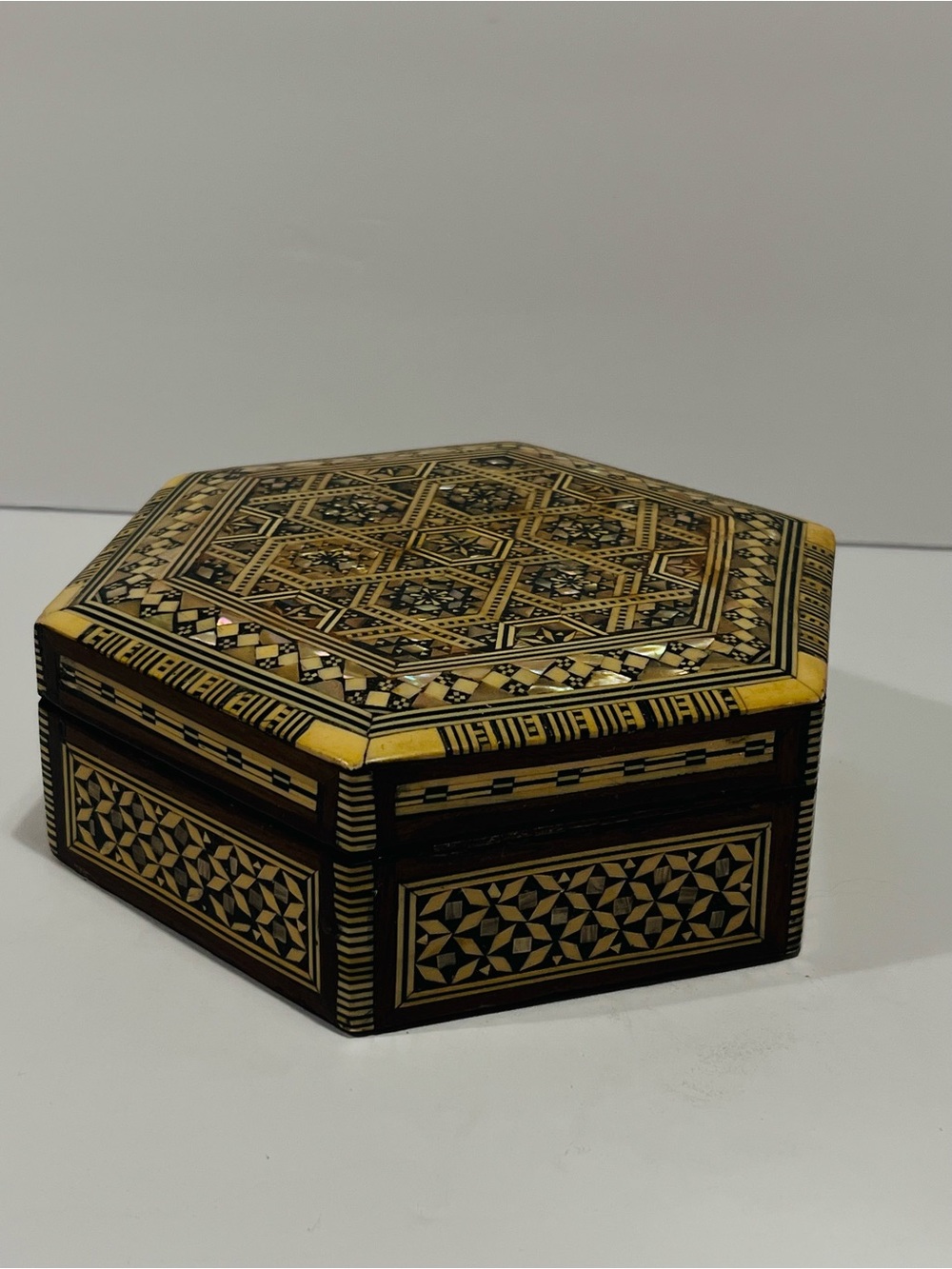 Vintage Moroccan Hexagonal Inlay Mosaic Mother of Pearl Wooden Jewelry Box